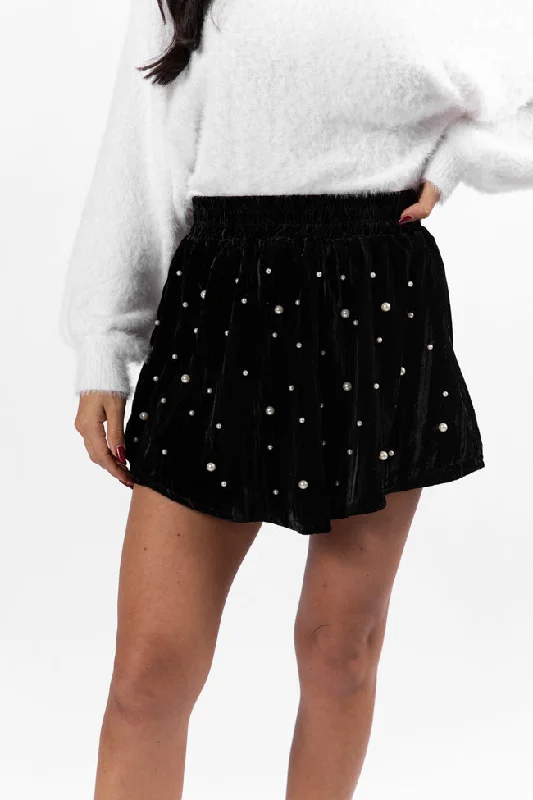 Lost In Time Pearl Embellished Black Velvet Shorts SALE