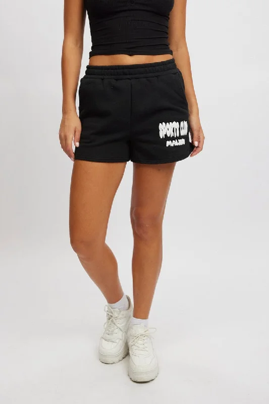 Black Track Shorts High Rise Elastic Waist