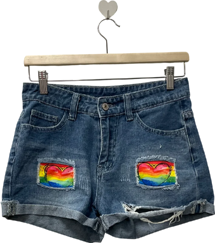 Blue Rainbow Heart Denim Shorts UK 4