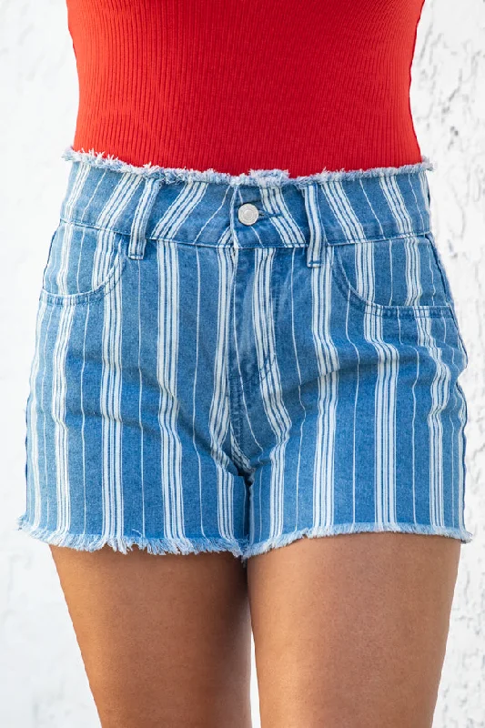 Talk To You Again Striped Chambray Shorts FINAL SALE