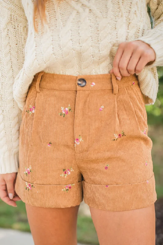 So Glad We're Buds Brown Floral Embroidered Corduroy Shorts FINAL SALE