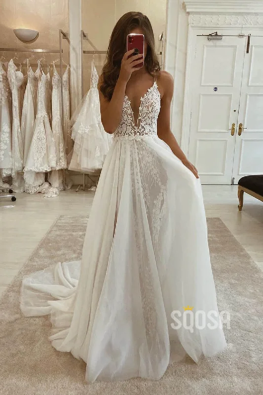 A-line V-neck Spaghetti Straps Lace Bohemian Wedding Dress Rustic Bridal Gowns QW2097