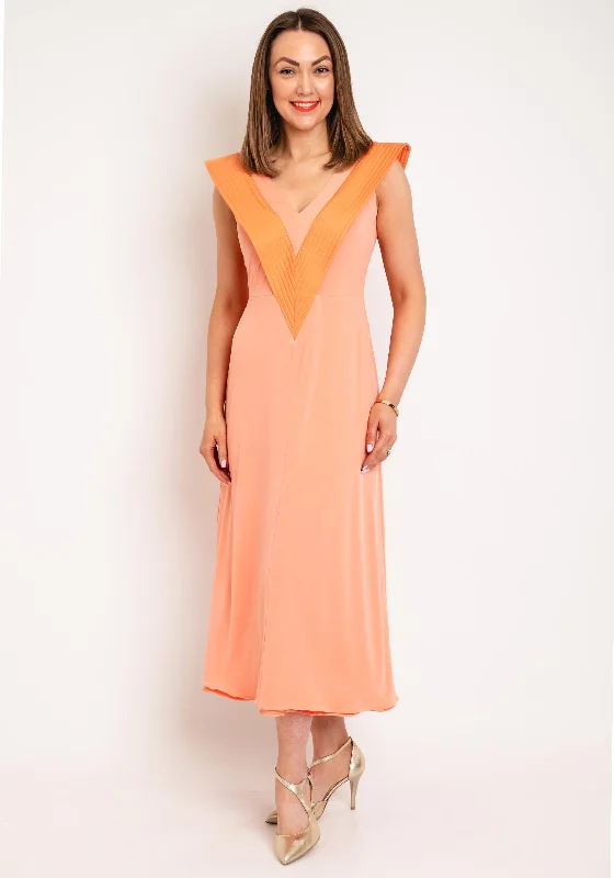 Colour Nude V Neck Aline Midi Dress, Orange