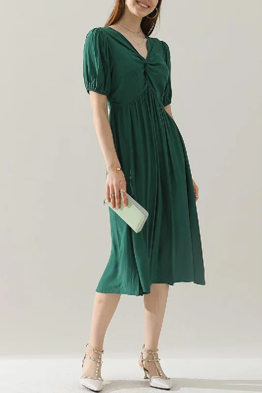 KINK V NECK BALLOON SLEEVE RUFFLED MIDI DRESS