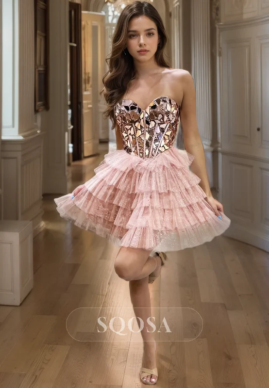 Sweetheart A-Line Sleeveless with Beaded and Mirror Rhinestone Homecoming Dress