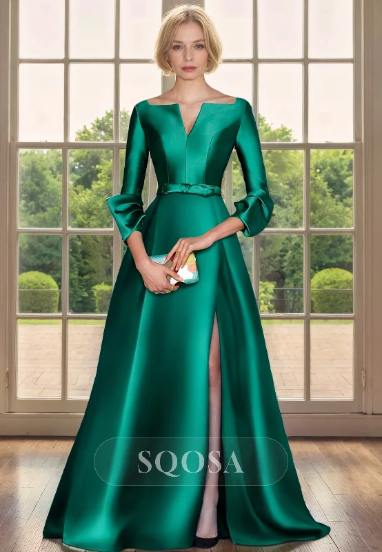 A Line Elegant Satin 3/4 Sleeves Side Slit Long Mother of the Bride Dress Cocktail Dress