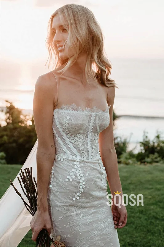 Unique Spaghetti Straps Chic Appliques Lace Wedding Dress QW2463