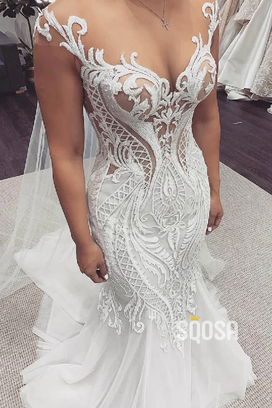 Unique Cap Sleeves Luxury Lace Appliques Mermaid Wedding Dress QW2491