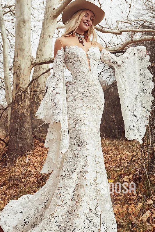 Unique Bat Sleeves Allover Lace Bohemian Wedding Dress QW2681