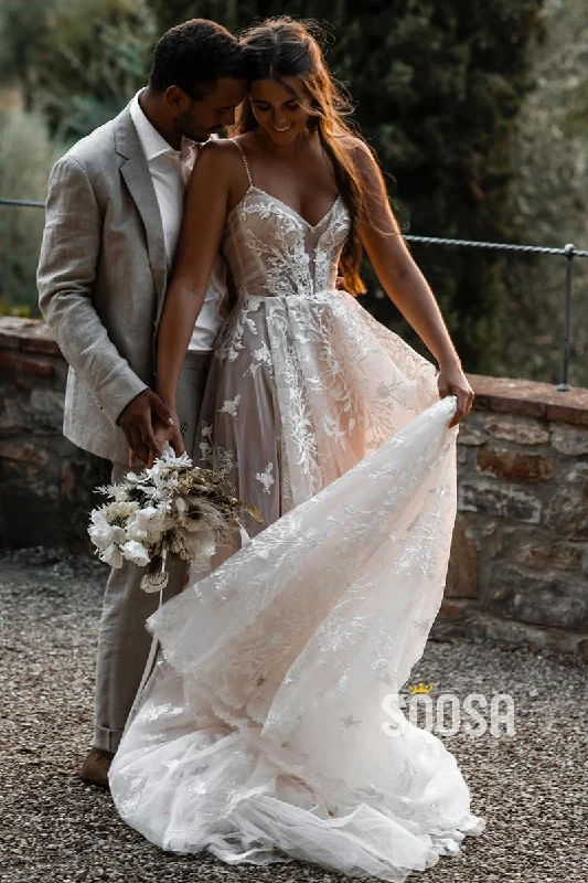 A-line Spaghetti Straps Tulle Appliques Bohemian Wedding Dress QW2690