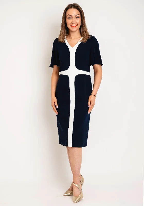 Ella Boo Contrast V Neck Pencil Dress, Navy