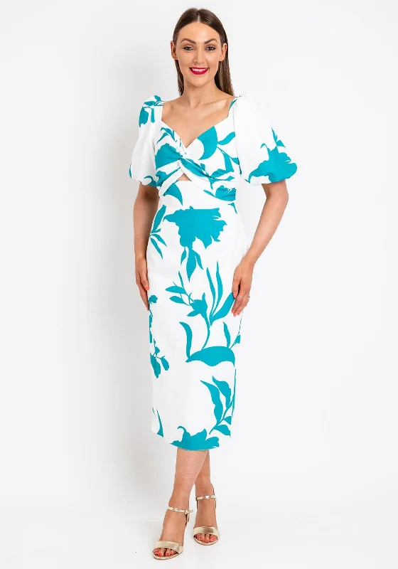 Herysa Esther Print Knot Midi Dress, White & Green