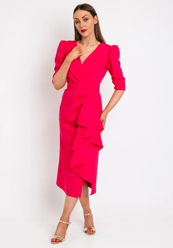 Herysa Clarisa Ruffle Drape Front Midi Dress, Fuchsia