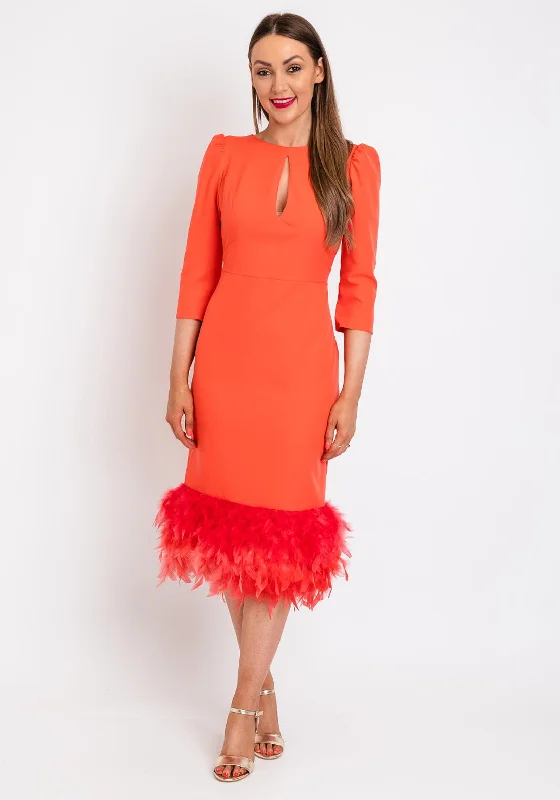 Herysa Begona Feather Trim Hem Midi Dress, Coral