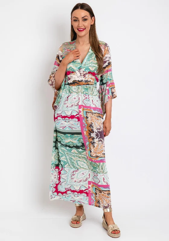 Serafina Collection Satin Damask Print Tie Maxi Dress, Green Multi