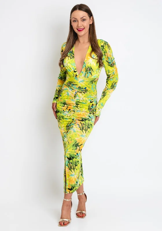 The Sofia Collection Printed Pencil Midi Dress, Yellow Multi