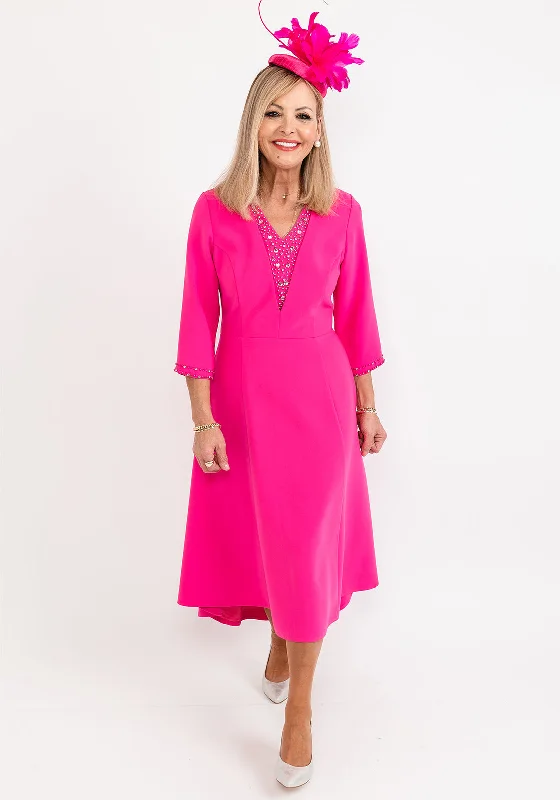 Lizabella Embellished Neck A-Line Dress, Hot Pink