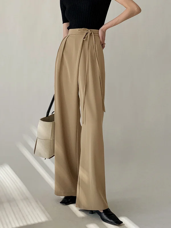 BerryBetty - Tie Waist Flowy Wide Leg Dress Pants