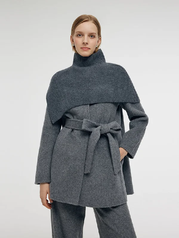 Alpaca Wool Double-Faced Women Wrap Coat With Knit Shawl