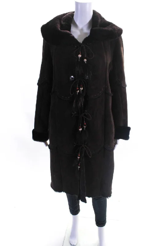 Dennis Basso Womens Beaded Tie Front Long Lambskin Shearling Coat Brown Small