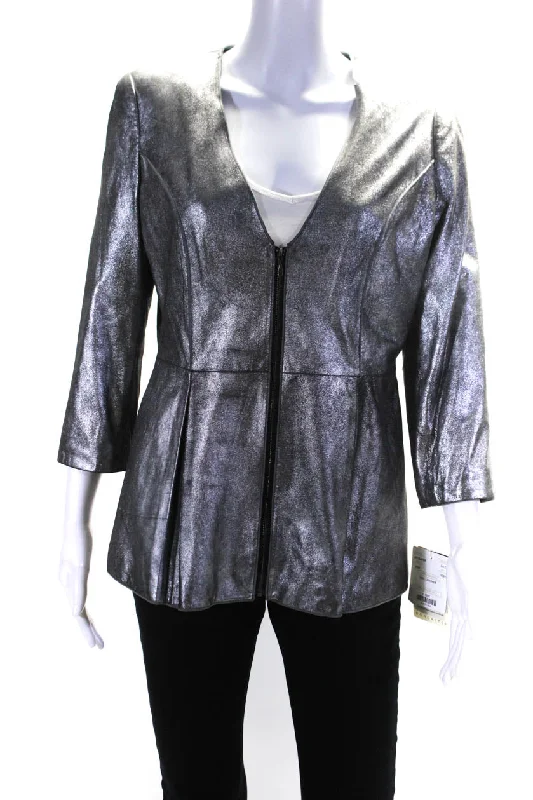 Doncaster Collection Womens Metallic Leather V Neck Zip Jacket Silver