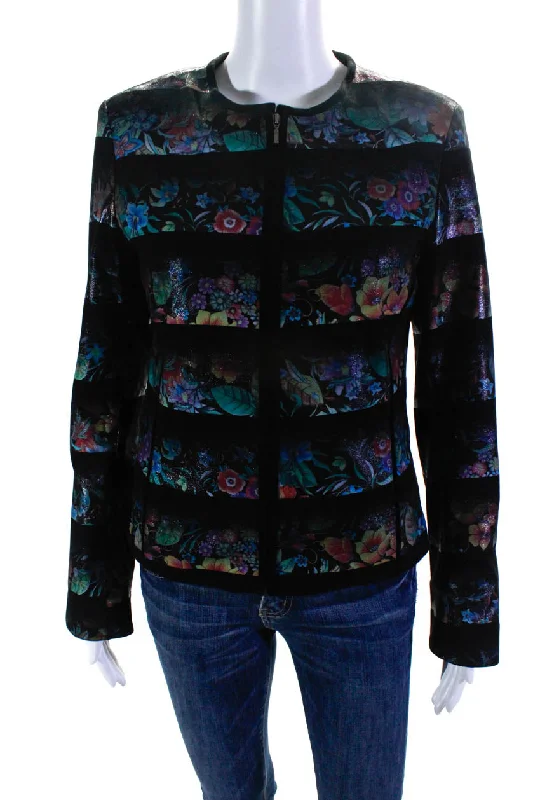 Natto Womens Shimmer Floral Suede Crew Neck Full Zip Jacket Black Multi