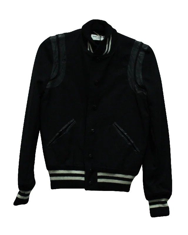 Saint Laurent Teddy Leather Trimmed Bomber Jacket in Black Wool