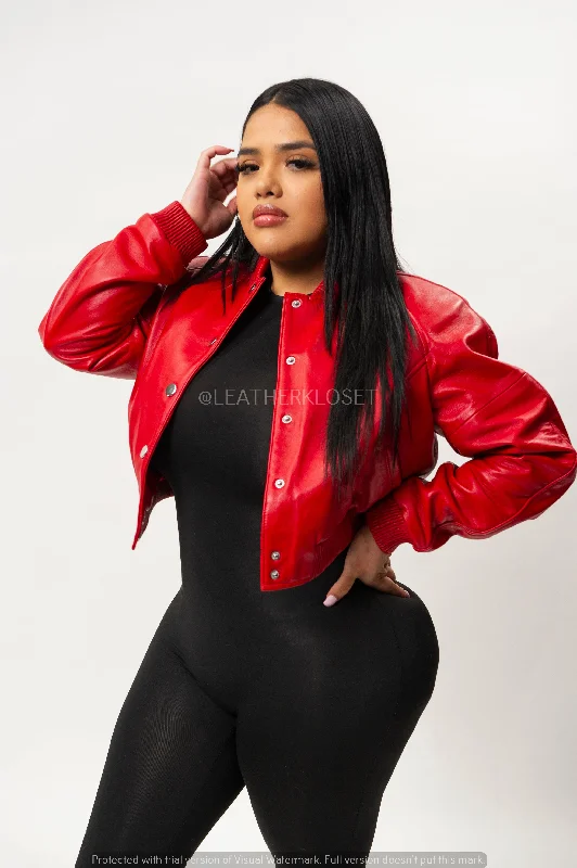 Women's Crop Leather Varsity Jacket [Red]