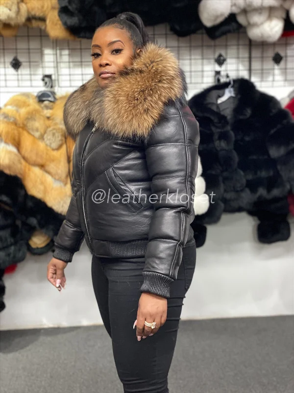 Women's V-Bomber Black Premium Fox Fur Collar [Raccoon Fur]