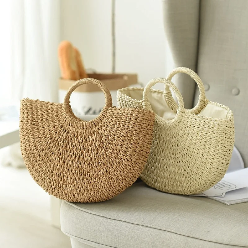 Half-Moon Top Handle Raffia Shopper Tote Bag