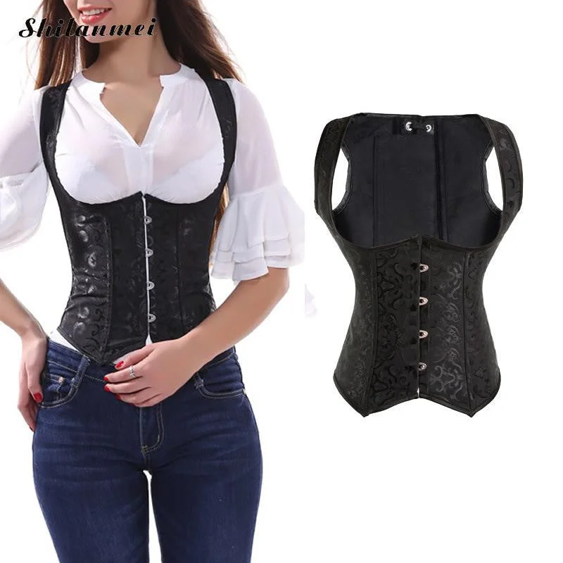 Sexy Shaped Corset Karset Bustier Women Plus Size Drawstring Front Closure Solid Black Non-convertible Straps Satin Boned Top