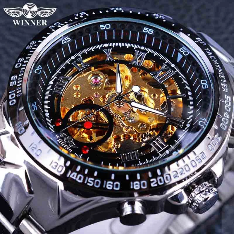 Winner Classic Series Golden Movement Inside Silver Stainless Steel Mens Skeleton Watch Top Brand Luxury Fashion Automatic Watch