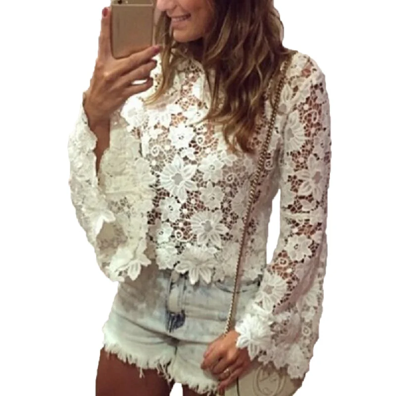 Women Lace Flare Sleeve Blouse Summer Spring O-neck Laces Long Sleeve Blouse Shirts Hollow Out Solid Color Tops