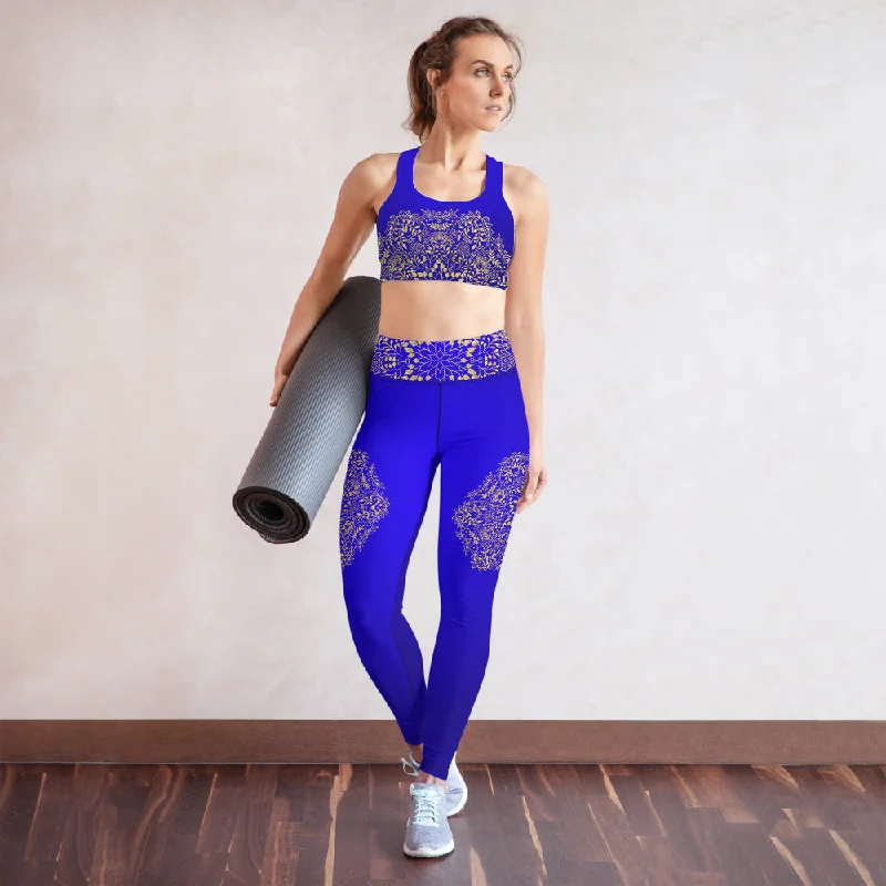 Blue and Gold Mandala Padded Sports Bra