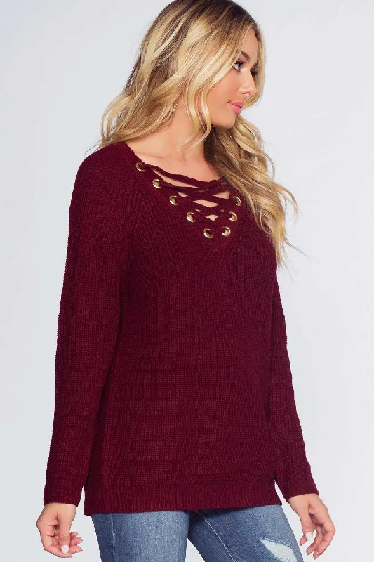 Elsa Lace Up Sweater - Burgundy