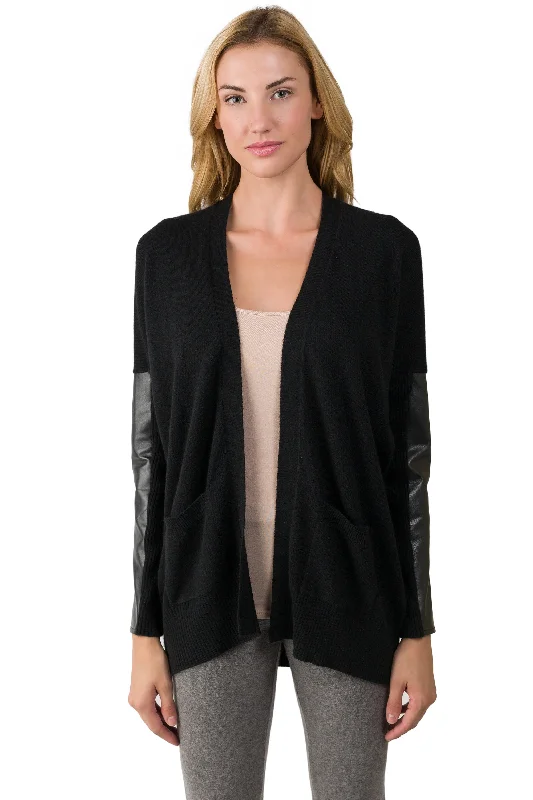 J CASHMERE Women's 100% Cashmere Long Sleeve leather Dolman Cardigan Sweater