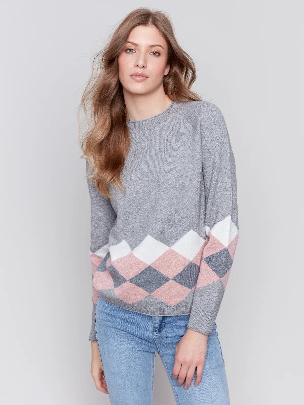 Jacquard Knit Argyle Sweater - Grey