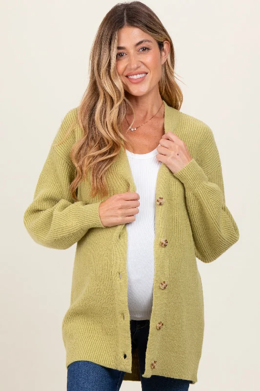 Light Olive Knit Oversized Button Down V-Neck Maternity Cardigan