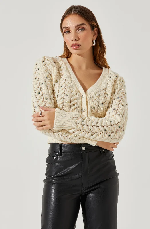 Mien Embellished Cable Knit Cardigan Sweater