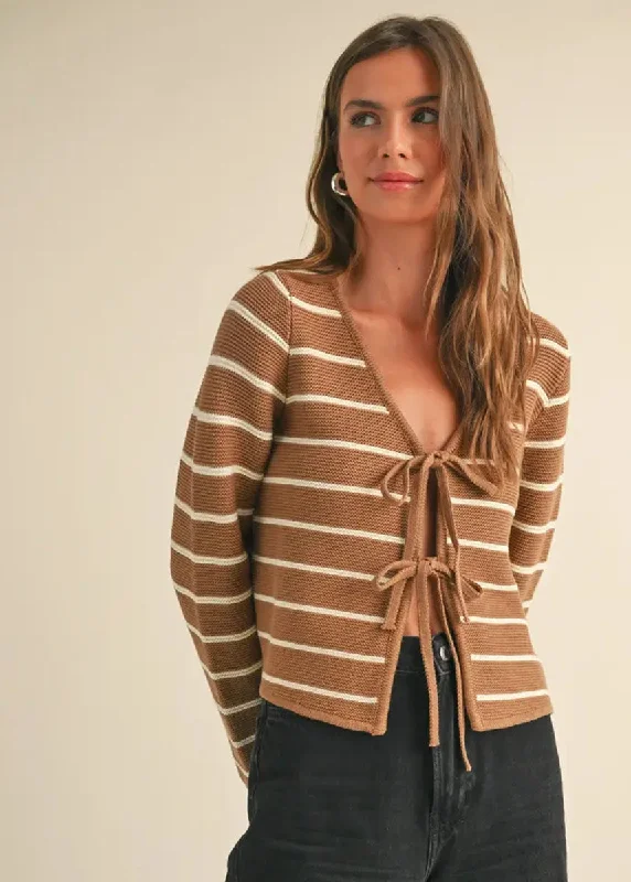 Nancy Striped Tie-Front Cardigan - Mocha & White