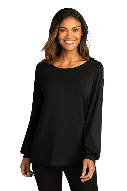 Port Authority Womens Luxe Knit Long Sleeve Wide Neck T-Shirt - Deep Black