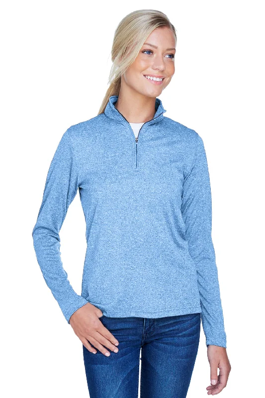 UltraClub Womens Heather Cool & Dry Performance Moisture Wicking 1/4 Zip Sweatshirt - Heather Columbia Blue