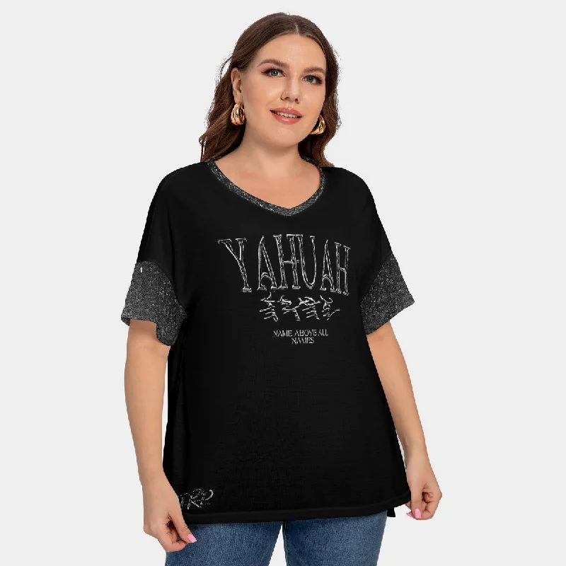 Yahuah-Name Above All Names 01-01 Ladies Designer Drop Shoulder V-neck Plus Size T-shirt with Sleeve Loops